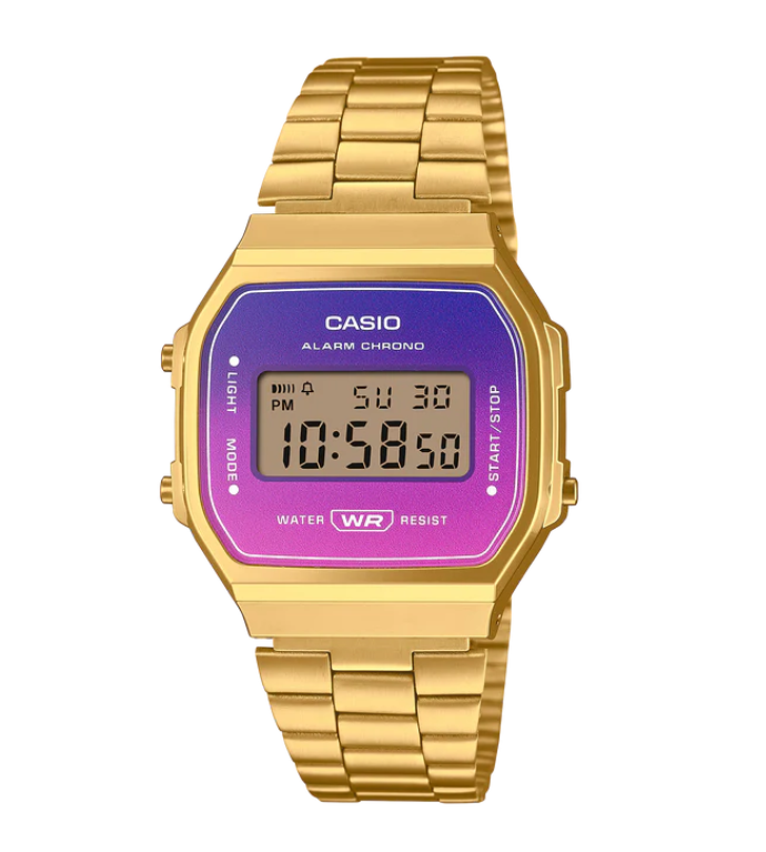 Casio A168WERG 2ADF Vintage Collection Rainbow Purple Pink Gold Band Stranger Than Paradise
